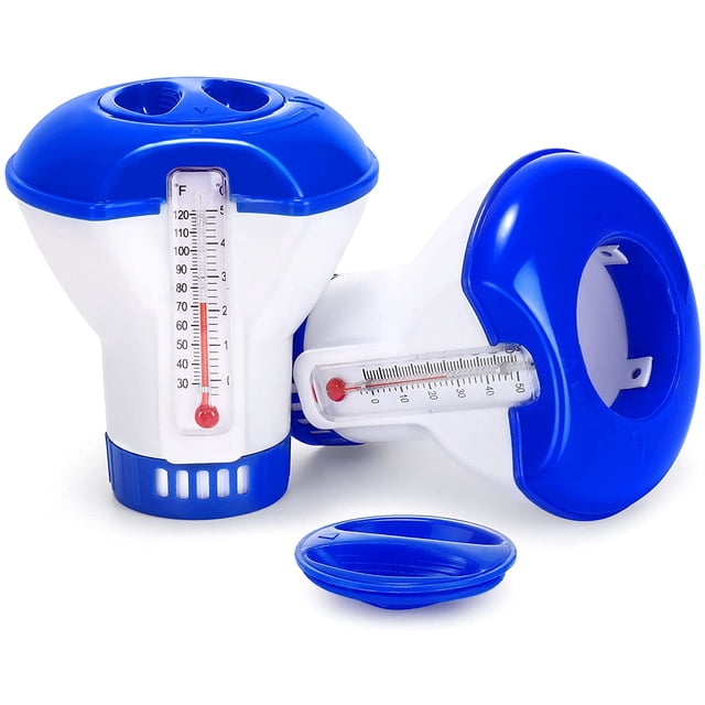 Diffuseur Flottant pour Piscine, Ensemble de 2 Diffuseurs Flottants au Chlore avec Thermomètre à Débit Réglable et Capuchon Verrouillable pour Toutes les Piscines, Spas, Aquariums et Étangs à Poissons