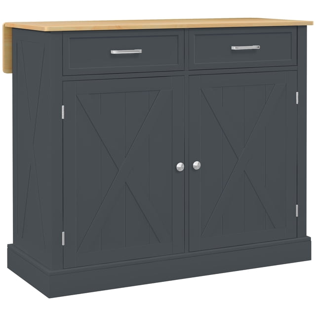 HOMCOM Îlot de Cuisine avec Rallonge Abattante Chariot de Cuisine avec Rangement en Gris Foncé. Comprend un Dessus en Bois d'Hévéa avec Conception à Rallonge Abattante, Deux Tiroirs et Deux Armoires à Portes avec Tablettes Ajustables. le Panneau Perlé de Style Ferme Complète Divers Scénarios de Cuisine. Comprend Quatre Roulettes à Roulement Fluide avec Deux Freins Verrouillables pour la Mobilité. Dimensions : 41,3 Pouces de Large, 23,6 Pouces de Profondeur et 35,6 Pouces de Hauteur.