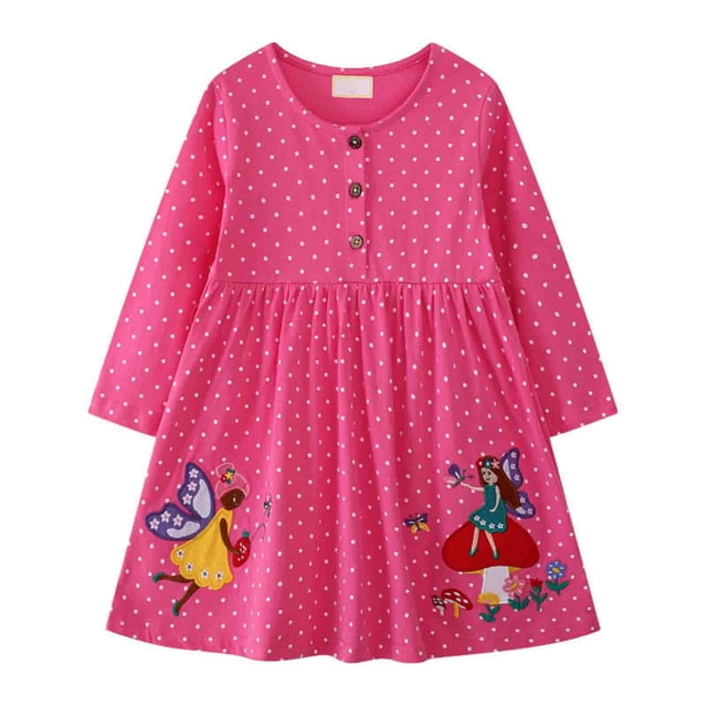 MIASHUI Robe Fleurie à Manches Longues pour Filles, Robes Décontractées pour Tout-Petits, Rose Vif, 4-5 Ans