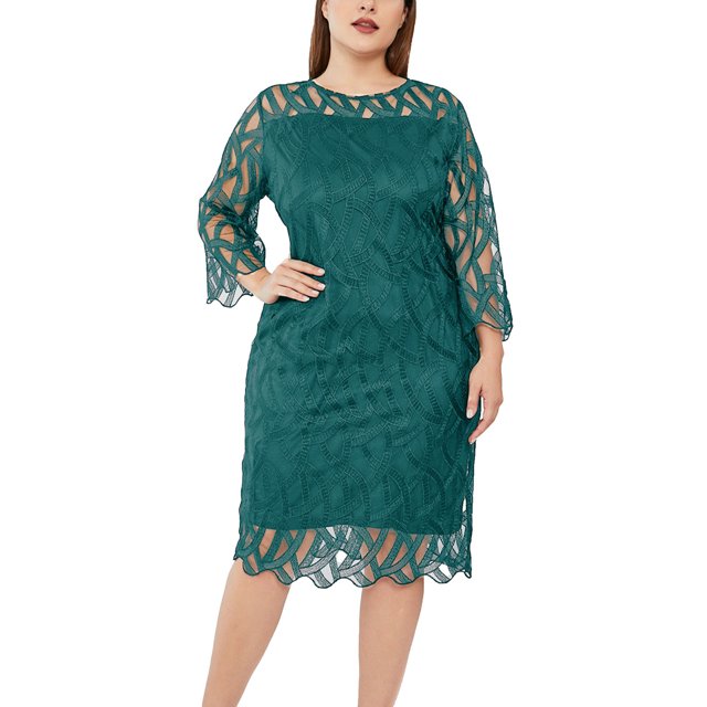 LSLJS Fashion Women Sexy Plus Size Long Sleeve Splicing Perspective Sequin Dress