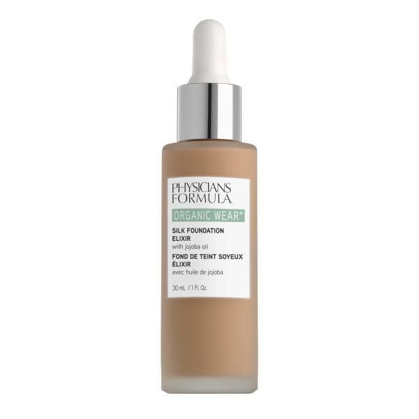 Organic Wear Silk Foundation Elixir by Physicians Formula, 30 ml frosted glass bottle with silver cap and white dropper, a weightless liquid foundation that improves skin tone and texture with organic jojoba oil, delivering a sheer-to-buildable, dewy finish suitable for combination skin.