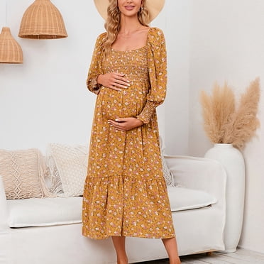 Hinvhai Robe Maxi à Fleurs pour Femmes à Encolure Carrée Liquidation Manches Bouffantes Fluide Maternité Ligne A Robe Portefeuille Baby Shower Robe de Maternité Jaune 12(TTG)
