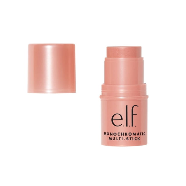 e.l.f. Cosmetics Monochromatic Multi-Stick blush stick in a soft peach shade with the cap off, showing a creamy, shimmery cream-to-powder formula for eyes, lips, and cheeks to create a cohesive, glowy monochromatic look, ideal for quick touch-ups.