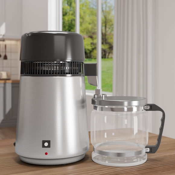 1.1 Gal/4L Water Distiller 750W Home Water Purifier with Glass Jug Drinking Water Purification Filter Set Produces Water with 2ppm Purity, Desktop Drinking Purifier Filter Distilling Kit, Silver
