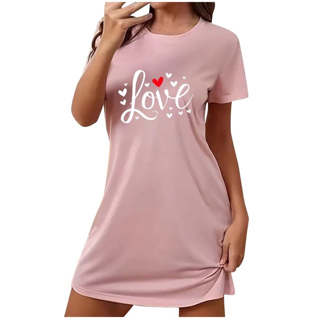 Amzcrzy Pyjamas pour Femmes Mode Imprimé Cœur Valentines Day Robe Décontractée Confortable à Manches Courtes Chemises de Nuit pour Femmes Valentines Day Cadeaux