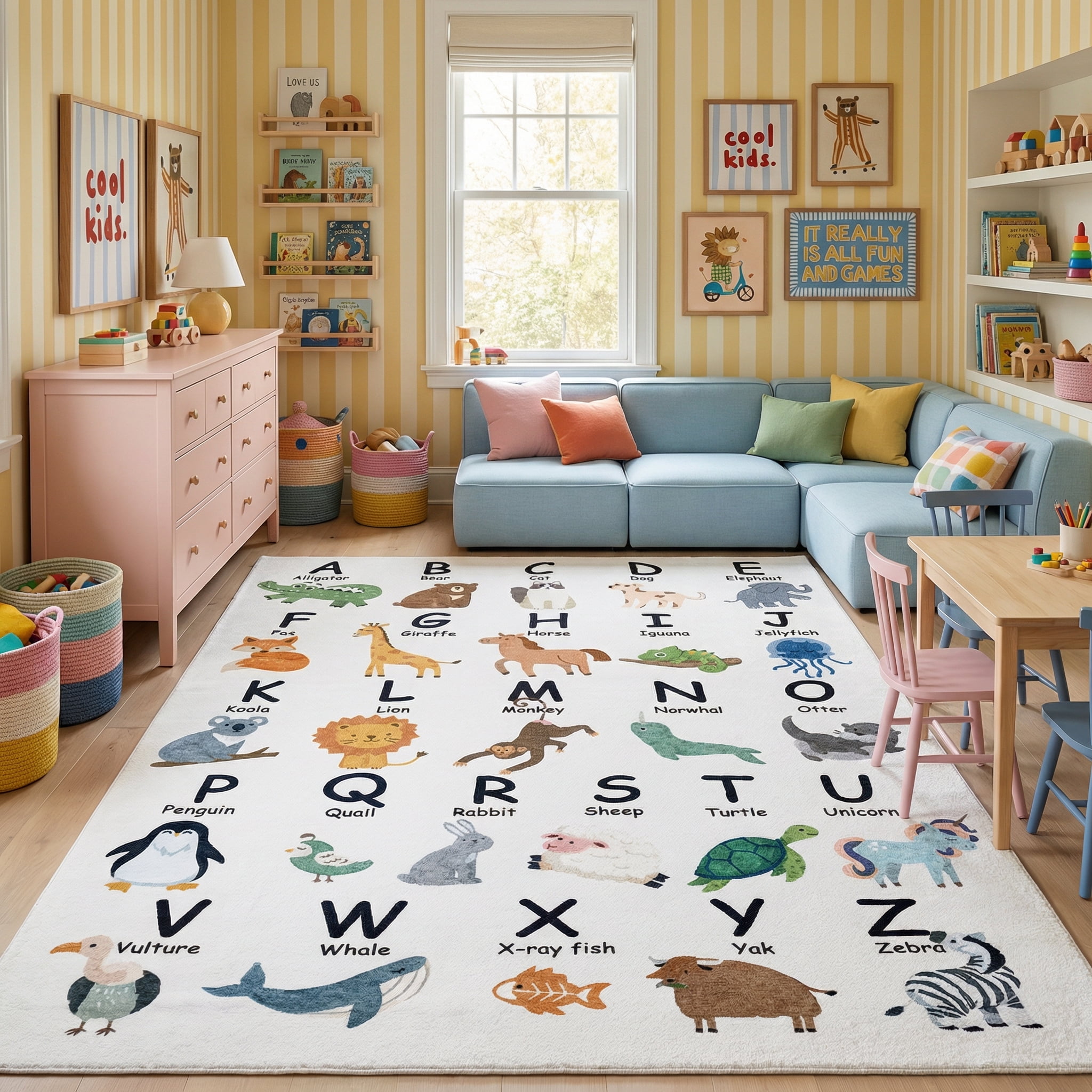 Rug Branch Soft Steps Playtime Alphabet Animaux, Tapis d'apprentissage educatif doux, blanc beige - Garçons et filles dans la salle de jeux, la creche, la chambre a coucher