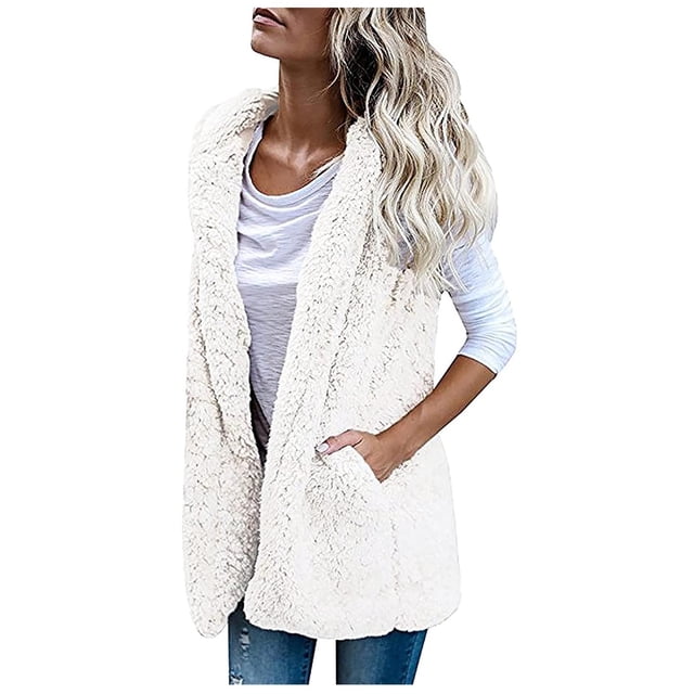 PVCS Women Solid Pocket Color Jacket Plush Sleeveless Lapel Vest Loose Coat Top