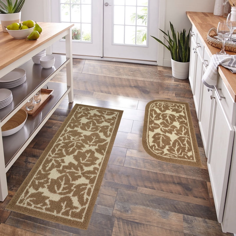 Décor Luxe Antidérapant Dos en Caoutchouc Sécurité Ultra Absorbant l'Eau Doux Durable Tissé Moelleux Tapis de Couloir Tapis de Sol Intérieur Cuisine; Design Feuilles d'Érable Taupe Ensemble de 2 Pcs