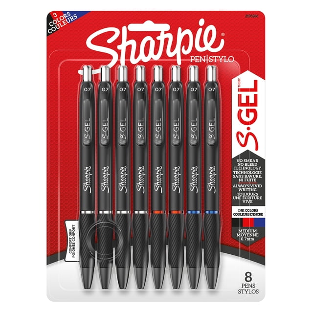 Sharpie S-Gel gel pens medium point 0.7 mm, 8 count pack with black, red, and blue ink featuring no smear, no bleed technology and contoured rubber grips for comfortable writing, suitable for office and school use.