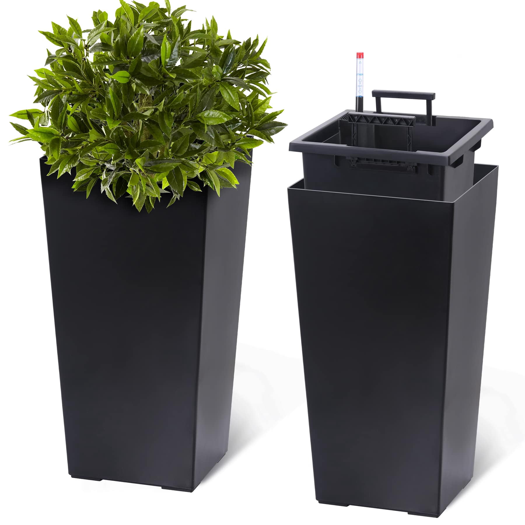 Eastvita 57-Cm Tall Planter Set of 2-Indoor Outdoor Black Taper Planters with Shelf Insert Self - Absorbing Plastic Flower Pots Large Resin Plant Pots for Outdoor Plants Front P