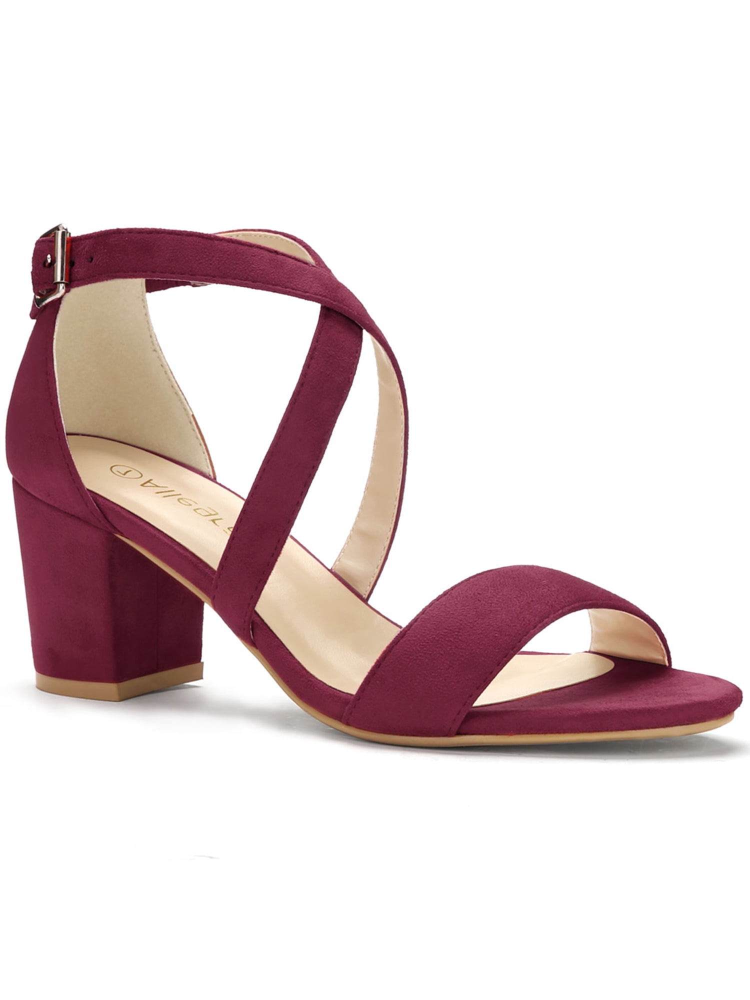 BLISSFUL STEP Women's Open Toe Cross Strap Mid Block Heel Sandals Burgundy 6