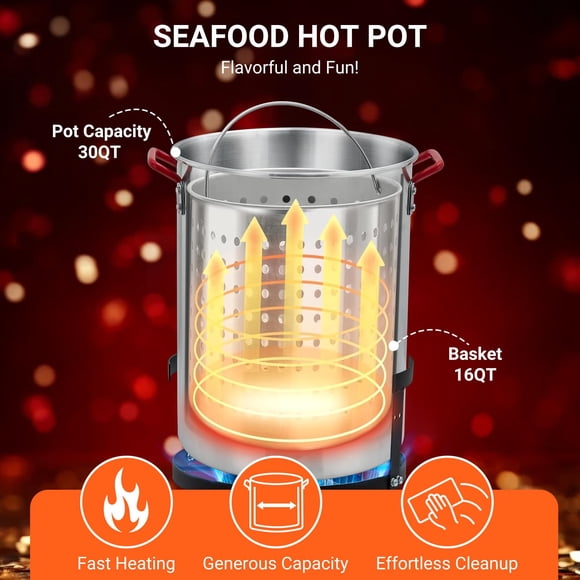 Kojooin Friteuse à Dinde de 30 Qt, Chaudière Vapeur en Aluminium pour Fruits de Mer, Friteuse Profonde d'Extérieur avec Régulateur 0-5 PSI, Casserole pour Poisson avec Réchaud au Propane, Support de Brûleur et Trousse de Thermomètre pour Frire la Dinde