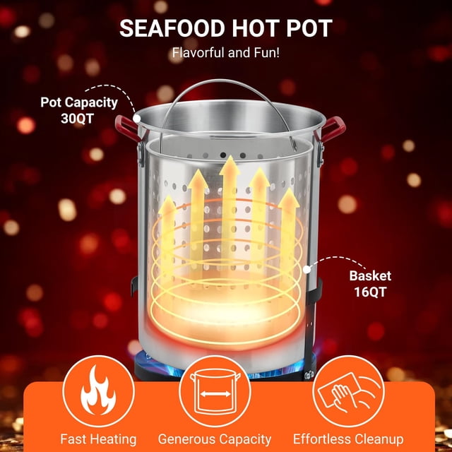 Kojooin Friteuse à Dinde de 30 Qt, Chaudière Vapeur en Aluminium pour Fruits de Mer, Friteuse Profonde d'Extérieur avec Régulateur 0-5 PSI, Casserole pour Poisson avec Réchaud au Propane, Support de Brûleur et Trousse de Thermomètre pour Frire la Dinde