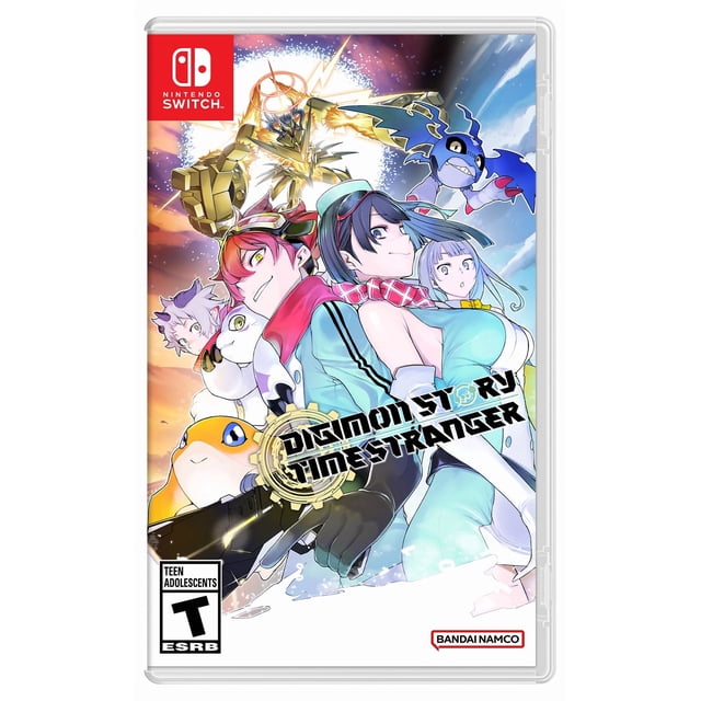 Digimon Story Time Stranger Nintendo Switch game cover featuring anime-style characters and diverse Digimon creatures in vibrant colors, emphasizing its RPG and strategic turn-based battles with the Nintendo Switch logo in the top left corner.