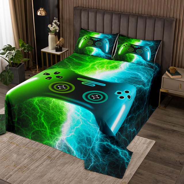 Ensemble de Courtepointe Gamer Simple pour Garçons Turquoise Vert Ensemble de Literie Manette de Jeu, Ensemble de Lit Console de Jeu Vidéo pour Enfants Couvre-Lit Moderne Éclair Décoration de Chambre avec 1 Taie d'Oreiller