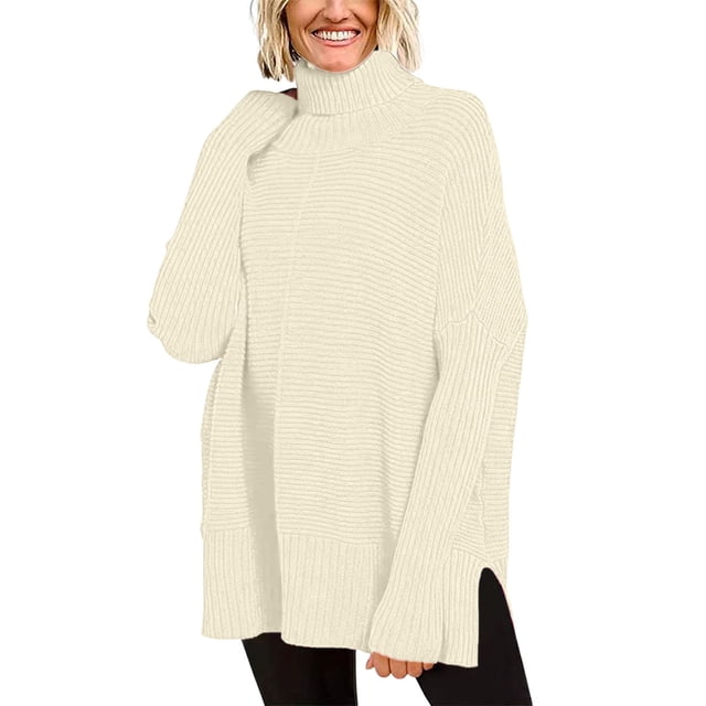 SGMVNU Women's Oversized Turtleneck Sweaters Fall Long Sleeve Ribbed Tunic Sweater Chunky Pullover Knit Tops(Beige, M)