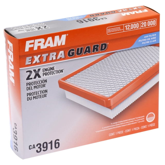 FRAM CA3916 Extra Guard Engine Air Filter with orange frame and white pleated filter media, offering 2X engine protection and lasting up to 20,000 km, designed to prevent dirt and dust from entering the engine and improve vehicle performance.