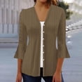 thumbnail image 1 of VKOYWKM 3/4 Length Sleeve Womens Tops Trendy Eyelet Embroidery Tees Button Down V Neck Pullover Tops Solid Color Ruffle Bell Sleeve Tunic Blouses, 1 of 5