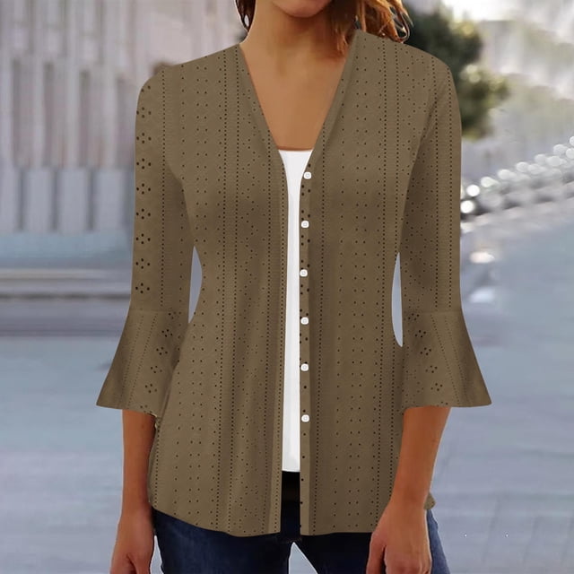 VKOYWKM 3/4 Length Sleeve Womens Tops Trendy Eyelet Embroidery Tees Button Down V Neck Pullover Tops Solid Color Ruffle Bell Sleeve Tunic Blouses