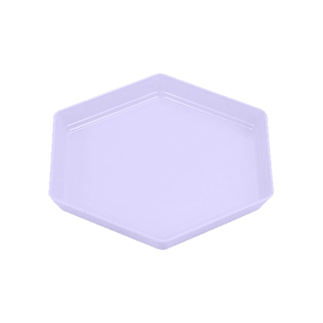 Plastic dinner plate with a hexagonal design, displayed in a light purple color. This reusable plate, ideal for dining and entertaining, measures 6.69 x 6.69 inches (17 x 17 cm) and is made from durable, lightweight plastic. Microwave, dishwasher, and freezer safe, suitable for kitchen use or camping.