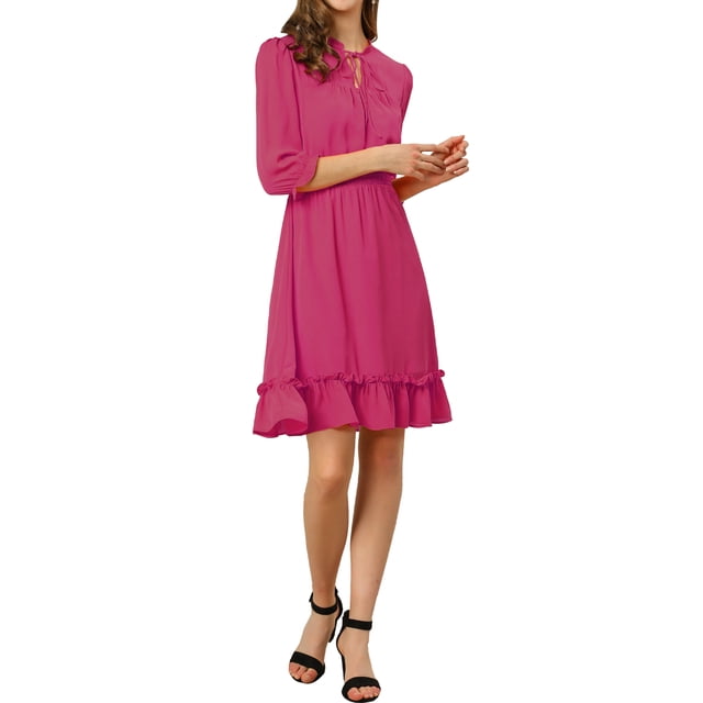 INSPIRE CHIC Robe A-Line en Mousseline Smockée pour Femmes à Ourlet Volanté Superposé, Manches 3/4, L Fuchsia