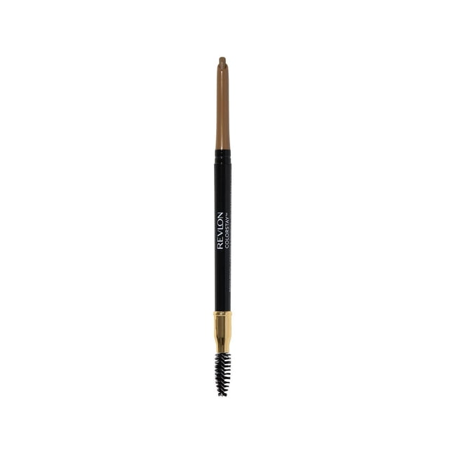 Revlon ColorStay Waterproof Longwearing Eyebrow Pencil with retractable angled tip and dual-ended spoolie brush featuring gold accent, designed for precise, long-lasting brow definition and grooming.