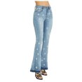thumbnail image 3 of Womens Floral Daisy Embroidered Mid Rise Bell Bottom Flare Frayed Hem Jeans, 3 of 5