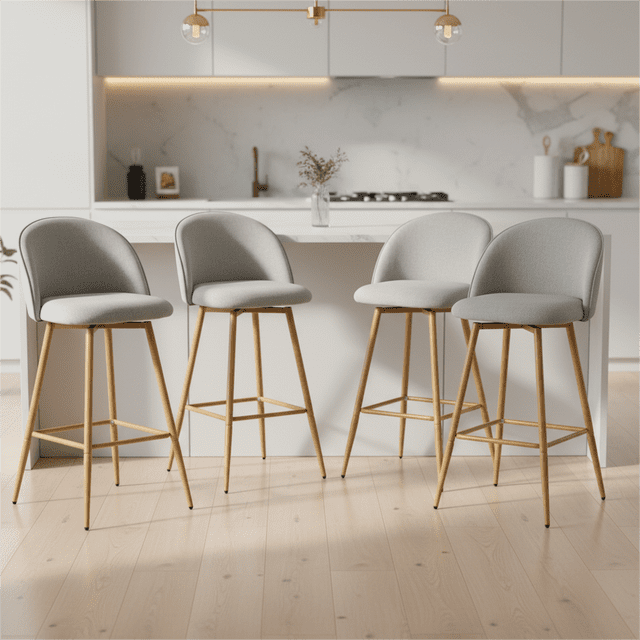 Homy Casa Modern Set of 4 Swivel Bar Stool with beige fabric upholstered seats and light wood metal legs, featuring curved backrests and 360-degree swivel seats, positioned in a modern kitchen with marble backsplash and light hardwood floor, suitable for kitchen seating or home bar use.