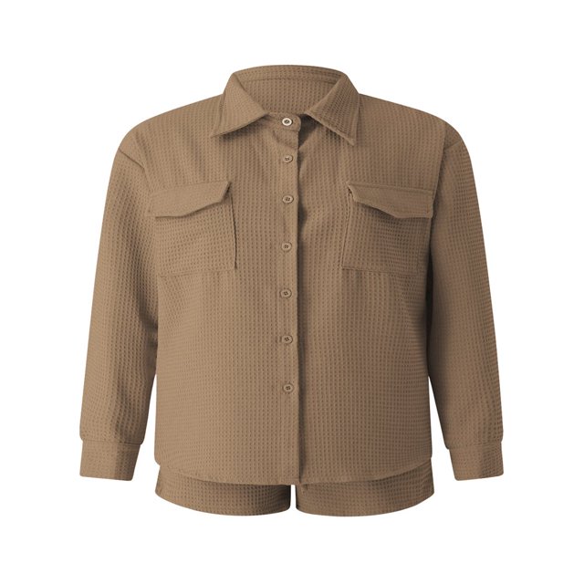 Women‘s 2Pcs Clothing Suit Solid Color Turn-Down Collar Long Sleeve Button-Down Shirt + Elastic Drawstring Short Pants