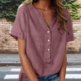 thumbnail image 2 of Floleo T-Shirt à Manches Courtes pour Femmes, Style Lin, Col en V, Boutons devant, Demi-Ouverture, Haut Vintage Classique, Respirant, Confortable, Extensible, Tissu Fin, Printemps Été Automne, Tenue Quotidienne (Purple#2,L), 2 of 8