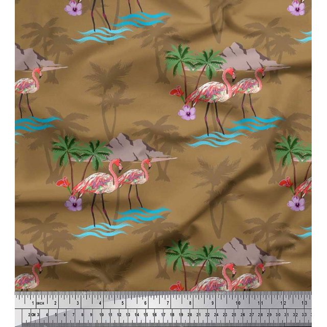 Soimoi Brown Cotton Cambric Fabric Palm Tree, & Flamingo Bird Print Fabric by the Yard 56 Inch Wide