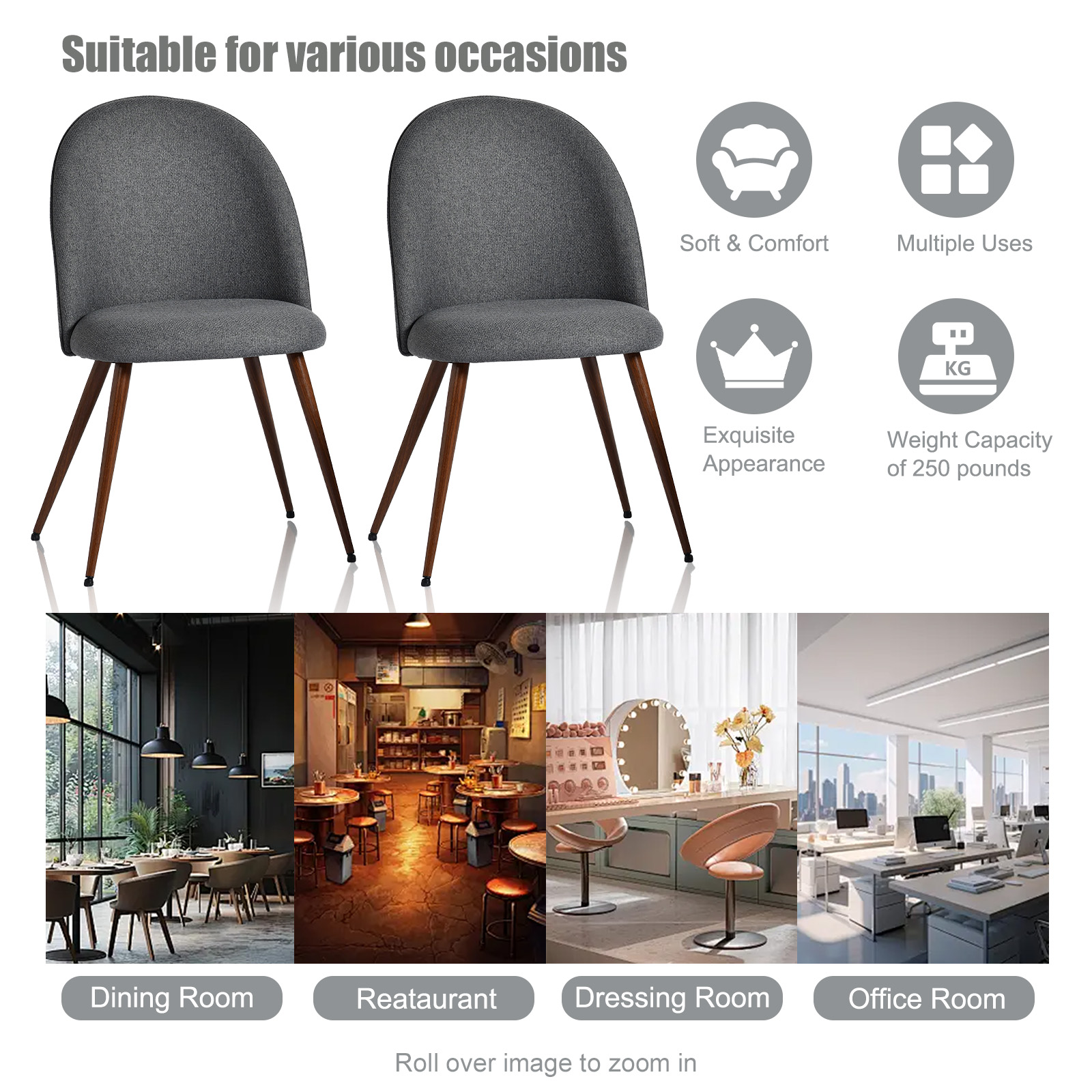 Lot de 2 chaises de salle à manger Homy Casa sans accoudoirs avec dossier incurvé et rembourré, tissu gris