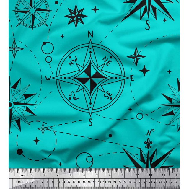 Soimoi Green Rayon Fabric Direction Compass Nautical Print Sewing Fabric Yard 56 Inch Wide