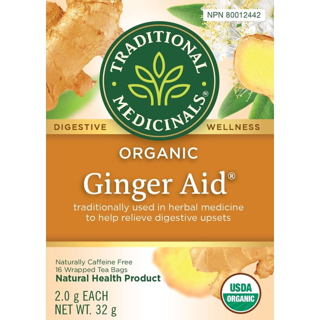 Traditional Medicinals Ginger Aid organic herbal tea box supporting digestive wellness, containing 16 wrapped tea bags of 2.0 g each, naturally caffeine free, net weight 32 g, USDA organic certified, with ginger root and herbal flower visuals.