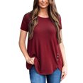 thumbnail image 4 of Femmes T-shirt Couleur Unie Haut Col Rond Manches Courtes Chemisier, Vin Rouge, L, 4 of 5