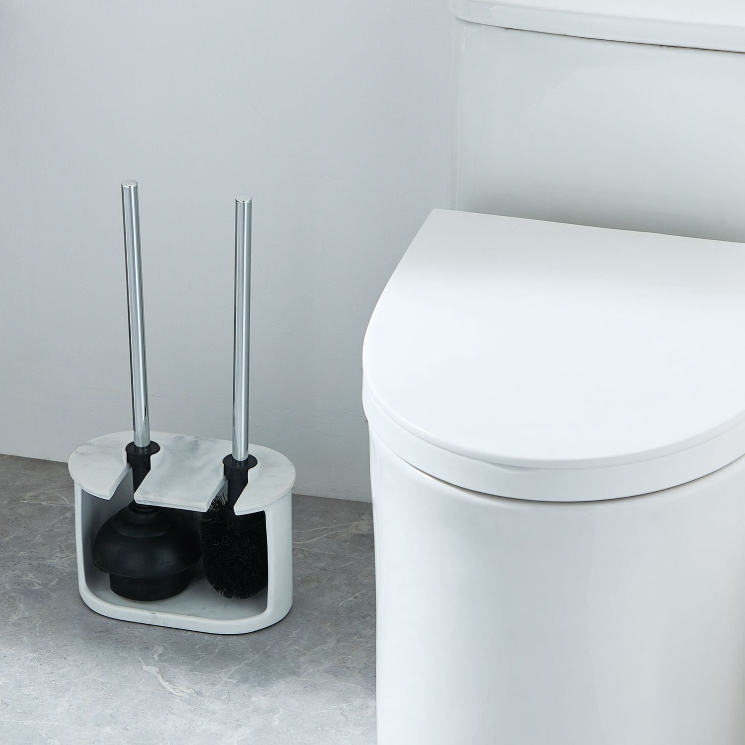 hometrends Ensemble de ventouse de toilette et de brosse à cuvette en faux marbre blanc, avec poignée en métal et support en grès pour une utilisation dans la salle de bain