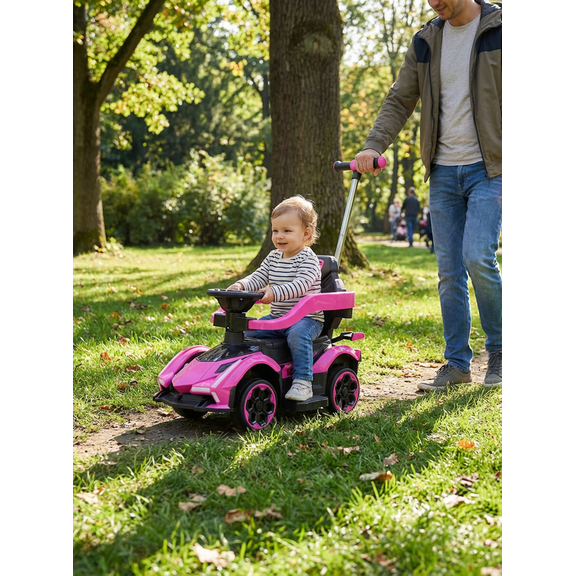 RoverKid 2-in-1 Toddler Sport Ride On & Push Car (Ages 2+) — Pink, Leather Seat, Music, Parent Push Handle, Kids Ride-On Toy
