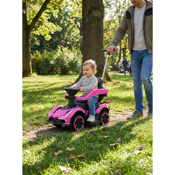 RoverKid 2-in-1 Toddler Sport Ride On & Push Car (Ages 2+) — Pink, Leather Seat, Music, Parent Push Handle, Kids Ride-On Toy