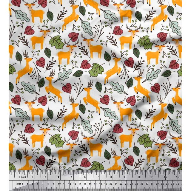 Soimoi Rayon Fabric Leaves & Reindeer Animal Print Fabric by Yard 56 Inch Wide