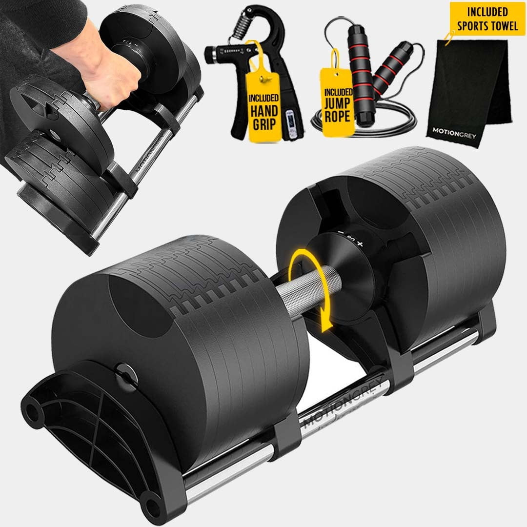MotionGrey Adjustable Dumbbell 9-53 LB with 2-Second One-Hand Twist, 6 Weights in 1 Modern Compact Design, Durable Build, Anti-Slip Handle, Bonus Hand Grip & Jump Rope & Towel