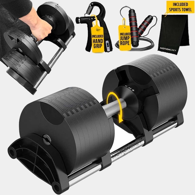 MotionGrey Adjustable Dumbbell 9-53 LB with 2-Second One-Hand Twist, 6 Weights in 1 Modern Compact Design, Durable Build, Anti-Slip Handle, Bonus Hand Grip & Jump Rope & Towel