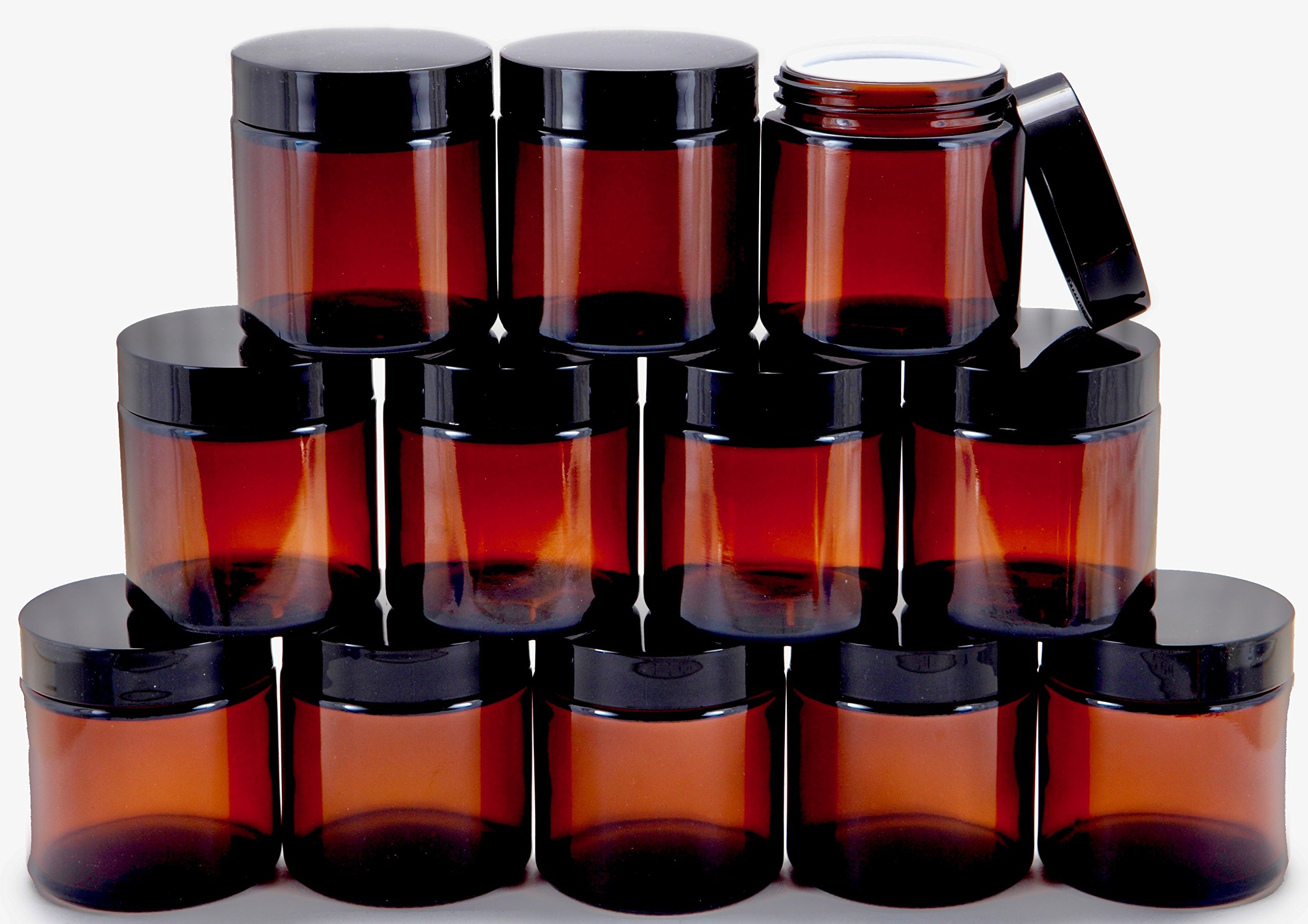 Vivaplex, 12, Ambre, 4 oz, Bocaux Ronds en Verre, avec Doublures Intérieures et Couvercles Noirs