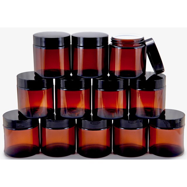 Vivaplex, 12, Ambre, 4 oz, Bocaux Ronds en Verre, avec Doublures Intérieures et Couvercles Noirs