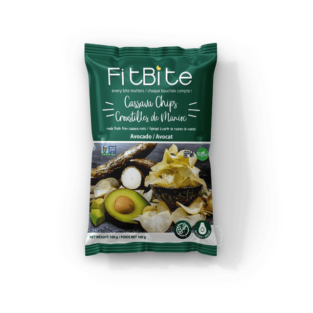 FitBite Cassava Chips - Avocado Flavour, a 100g bag of hand-peeled cassava chips made with fresh avocado powder, non-GMO sunflower oil, and sea salt. The packaging highlights certifications such as vegan, gluten-free, and non-GMO, making it a healthy vegetable chip snack option.