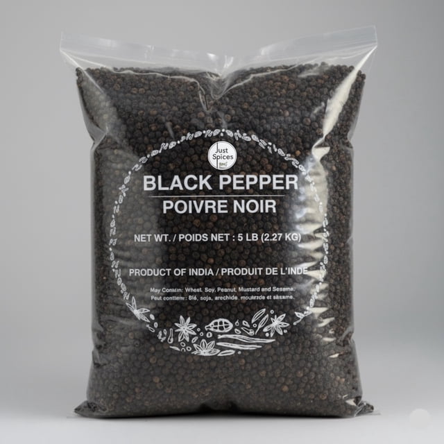 Just Spices - Black Pepper, 5 lb (2.27 kg) value pack featuring whole black peppercorns in a clear plastic bag with bold white text. The packaging highlights its Indian origin and premium quality, suitable for seasoning, spice blends, and culinary applications. Includes allergen information for traces of peanuts, sesame, mustard, and soy.