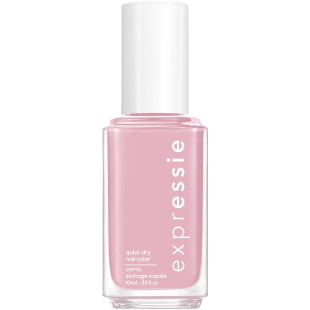 essie expressie quick-dry nail polish in soft pink cream finish, in a clear rectangular glass bottle with white cap, designed for fast drying and easy self-application with an angled brush, ideal for quick manicures and on-the-go use