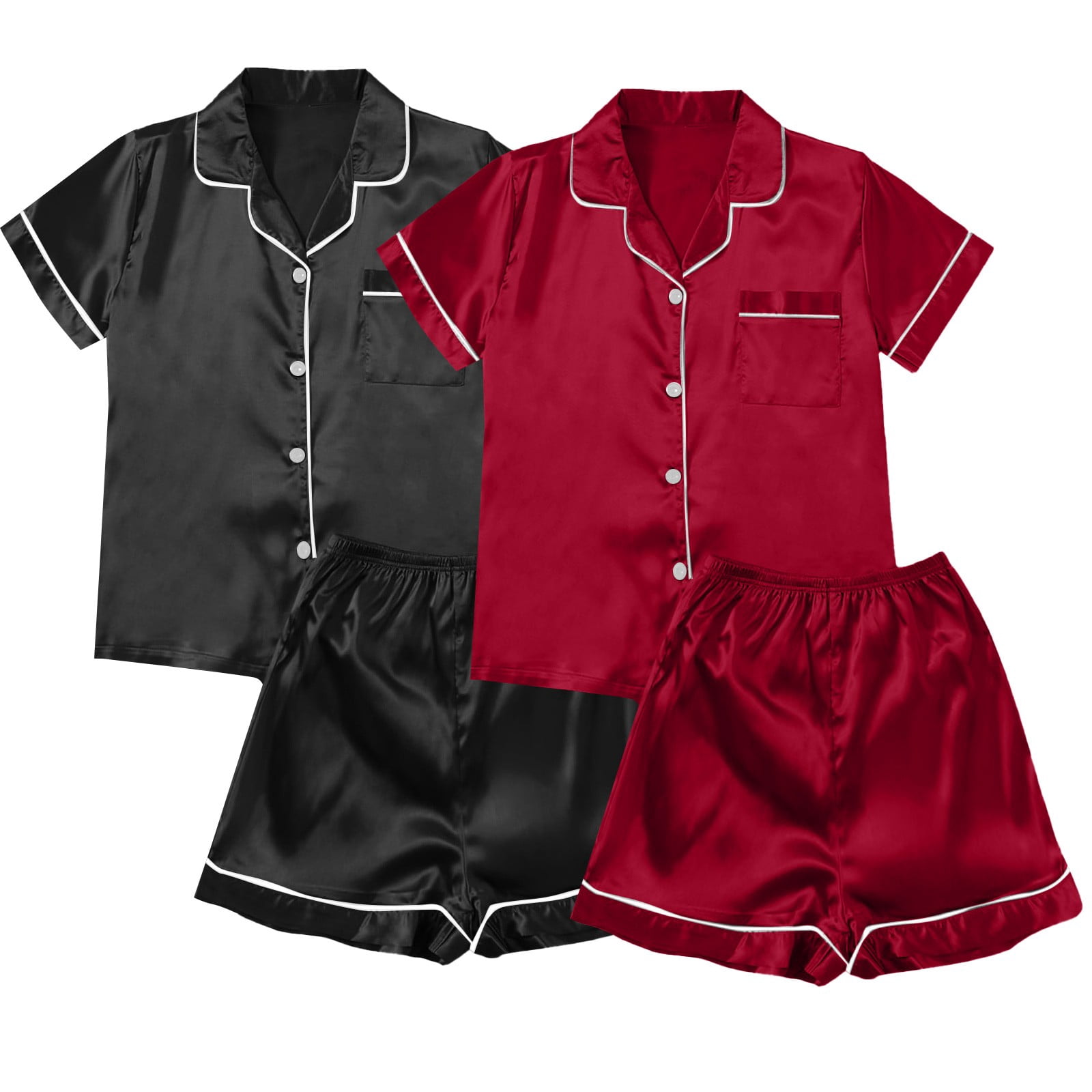 ZJXFGS Sleepwear for Women, Women Pajamas, Satin Pyjamas Women's Short 4 Piece Pyjamas Short Sleeve Sleepwear and Shorts Set Women Leisure Suit Loungewear, Short Pajama Set for Women Black 5XL