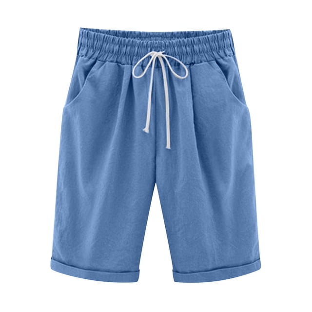 Pisexur Womens Shorts Cotton Linen Drawstring Solid Color Gym Workout Shorts Summer Comfy Elastic Waisted Shorts Plus Size Lounge Shorts Casual Beach Knee Length Shorts with Pockets,S-6XL