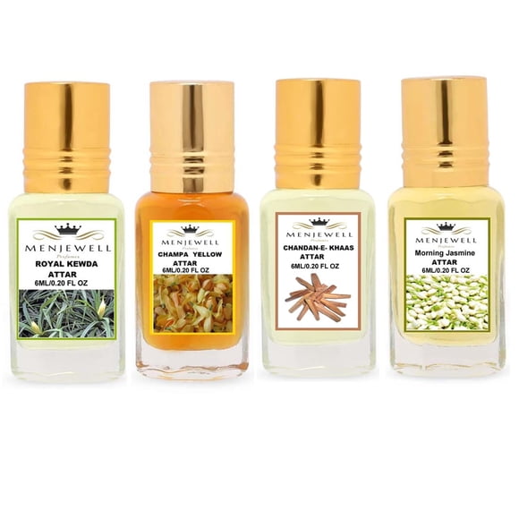 Attar Set For Men & Women Pack Of 4 X 6ml, 0.2 Fl.oz. Each | Royal Kewda+ Champa Yellow+ Chandan-E-Khaas + Morning Jasmine Non Alcoholic Perfume Attars | Long Lasting Unisex Attar