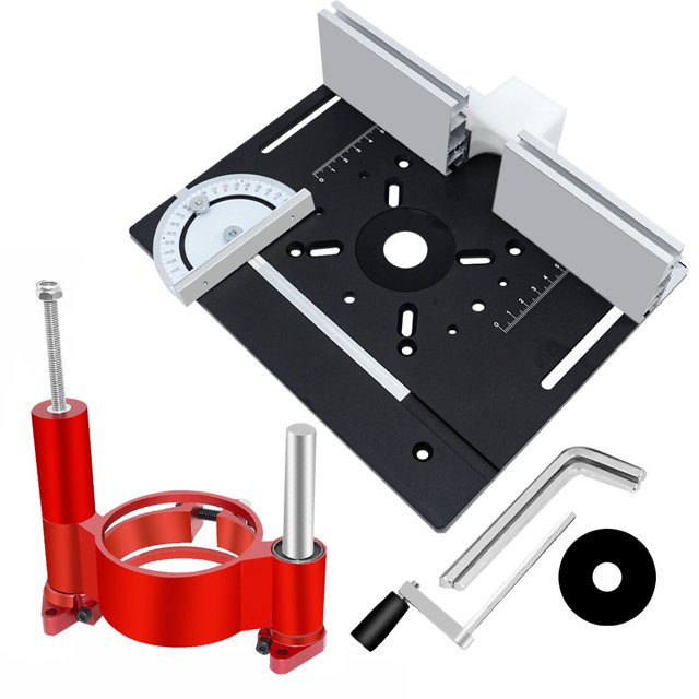 TFixol Adjustable Height Aluminum Alloy Router Table Set with Lifting Base, Insert Plate, Push Plate, and Angle Gauge - Black, 4-Piece Kit (240x200x5mm)